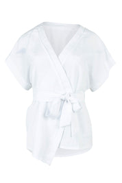 Product shot of the Linen Cotton Wrap Blouse in colour White (White), from the front