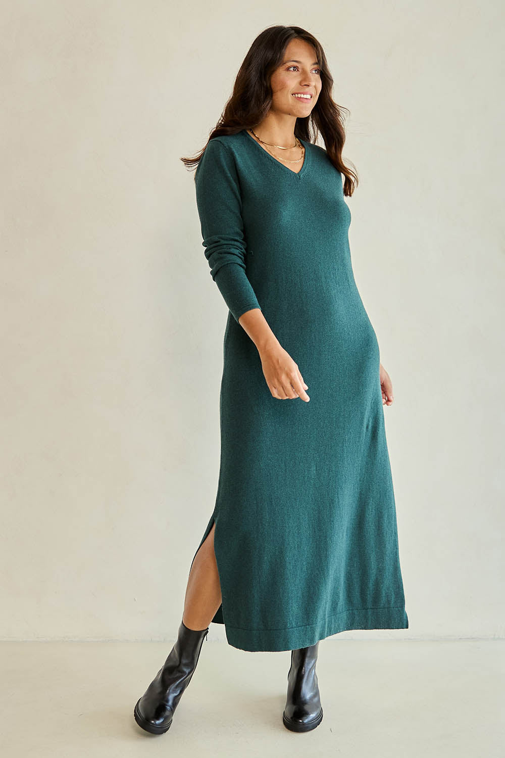 Cotton Cashmere Wool V Neck Knit Dress – Green