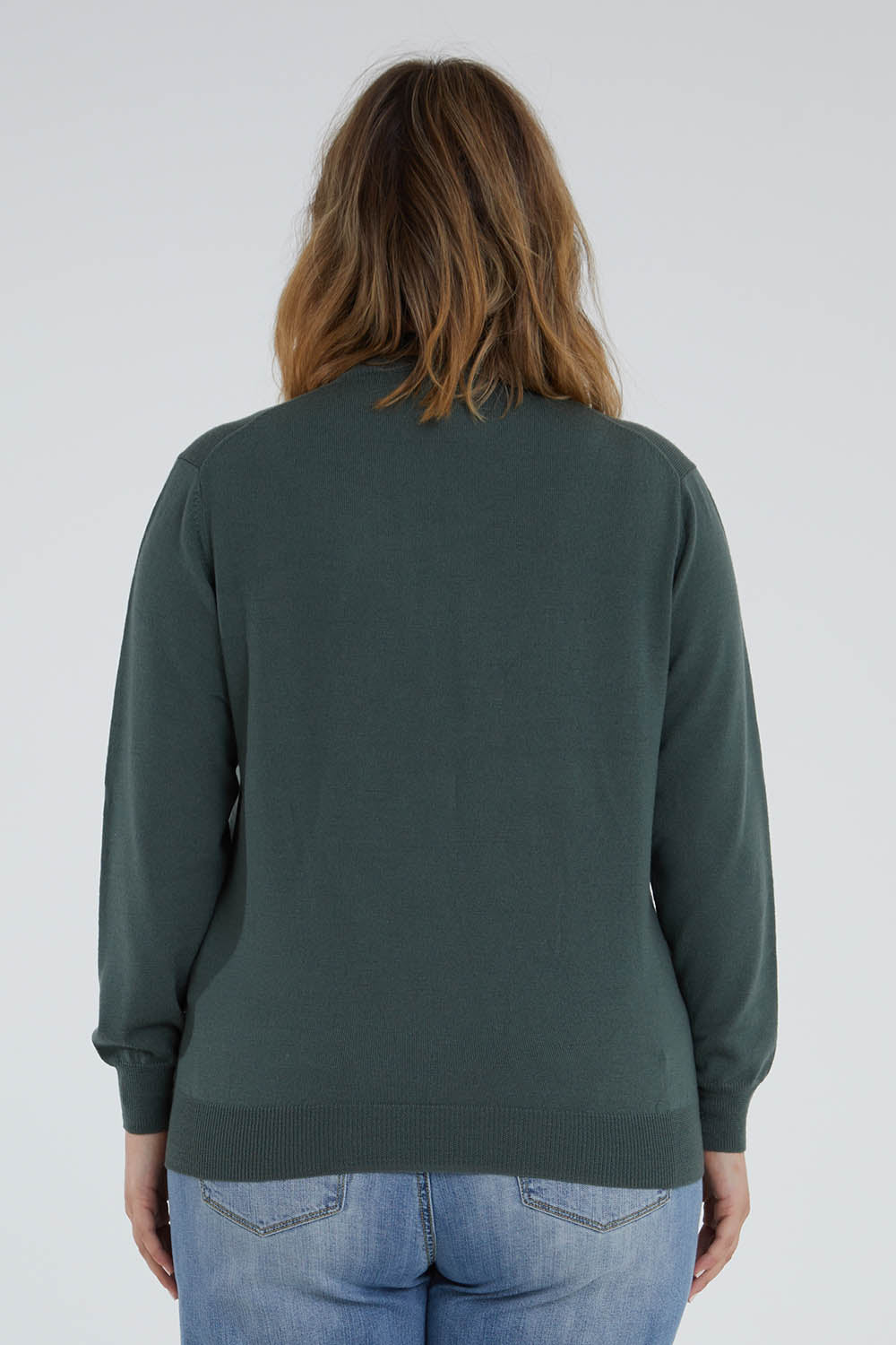 Model Jess wearing size L of the Merino Wool High Crew Pullover in colour Seafoam (Green), from the back