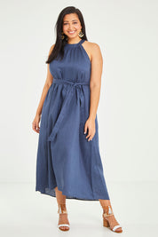 Model Terri-Leigh wearing size 14 of the Linen Halter Neck Dress in colour Blue (Blue), from the front, showing the whole outfit