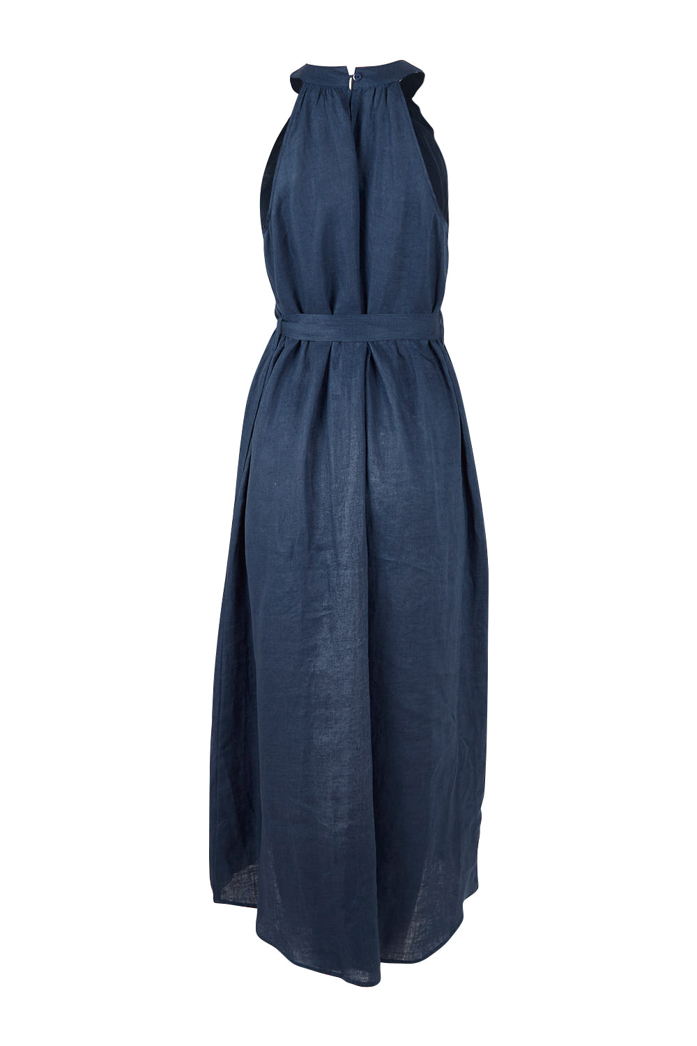 Product shot of the Linen Halter Neck Dress in colour Blue (Blue), from the back