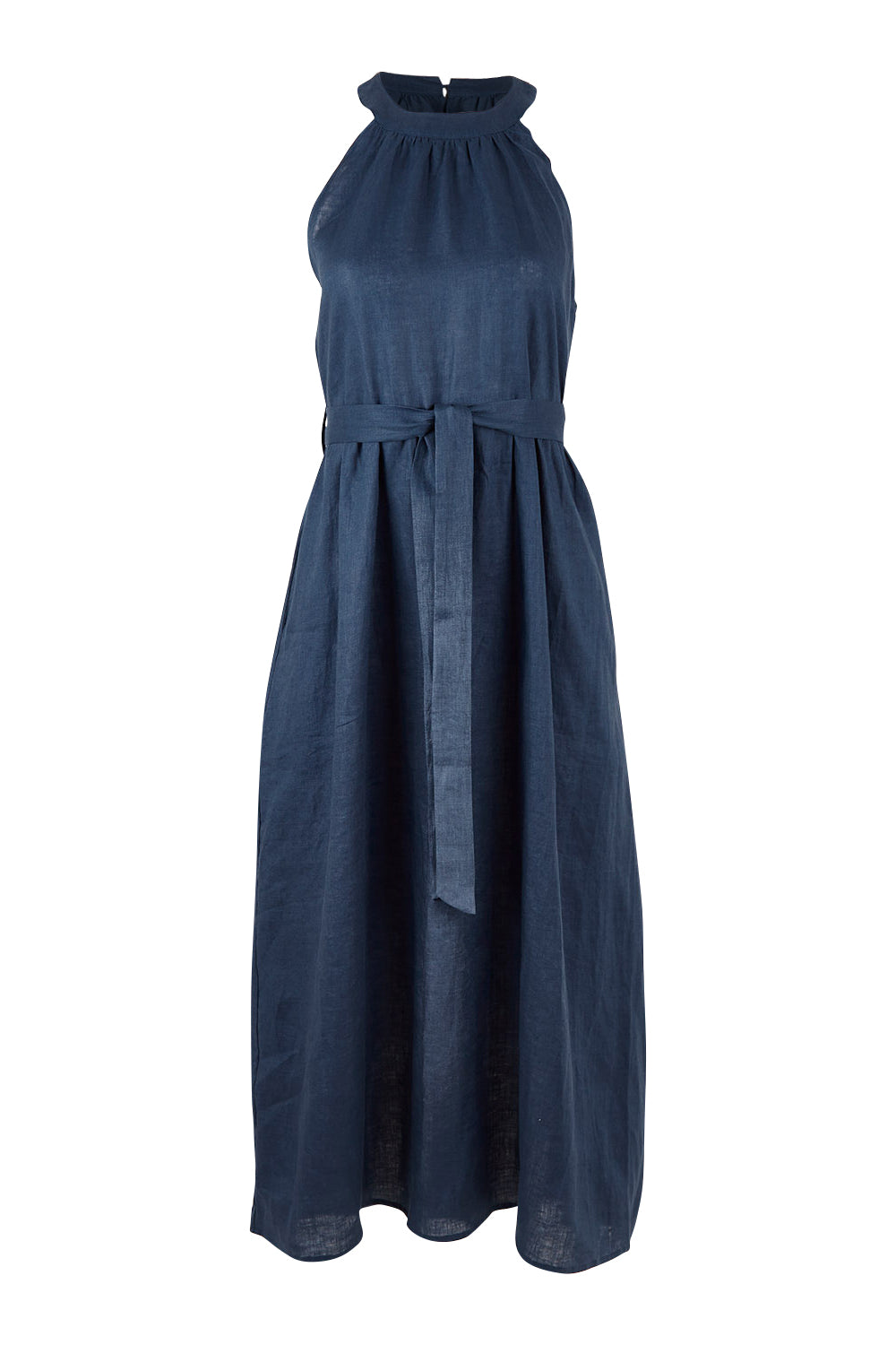 Product shot of the Linen Halter Neck Dress in colour Blue (Blue), from the front