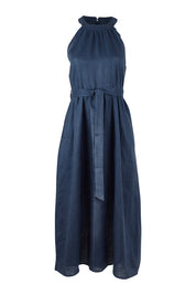 Product shot of the Linen Halter Neck Dress in colour Blue (Blue), from the front