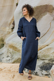Model Lala wearing size 10 of the Linen Honeycomb Sleeve Dress in colour Navy (Blue), from the front, showing the whole outfit