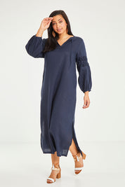 Model Terri-Leigh wearing size 14 of the Linen Honeycomb Sleeve Dress in colour Navy (Blue), from the front, showing the whole outfit