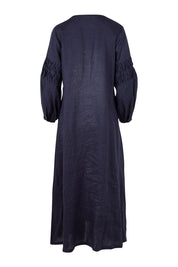 Product shot of the Linen Honeycomb Sleeve Dress in colour Navy (Blue), from the back