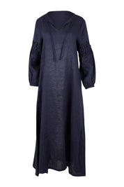 Product shot of the Linen Honeycomb Sleeve Dress in colour Navy (Blue), from the front