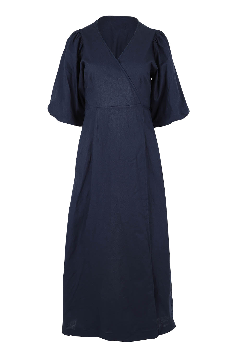 Product shot of the Linen Cotton Puff Sleeve Wrap Dress in colour Navy (Blue), from the front