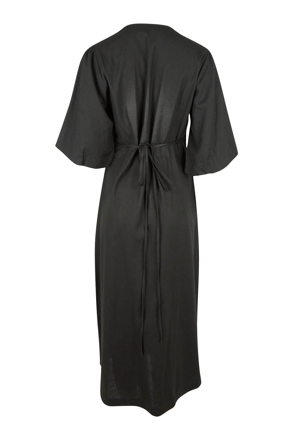 Product shot of the Linen Cotton Blend Wrap Dress in colour Black (Black), from the back