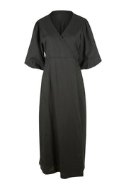 Product shot of the Linen Cotton Blend Wrap Dress in colour Black (Black), from the front
