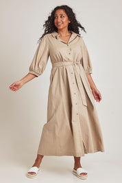 Model Terri-Leigh wearing size 14 of the Linen Cotton Maxi Shirt Dress in colour Natural, from the front, showing the whole outfit