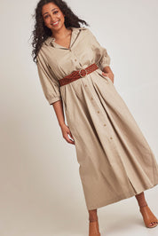 Model Terri-Leigh wearing size 14 of the Linen Cotton Maxi Shirt Dress in colour Natural, from the front, showing the whole outfit