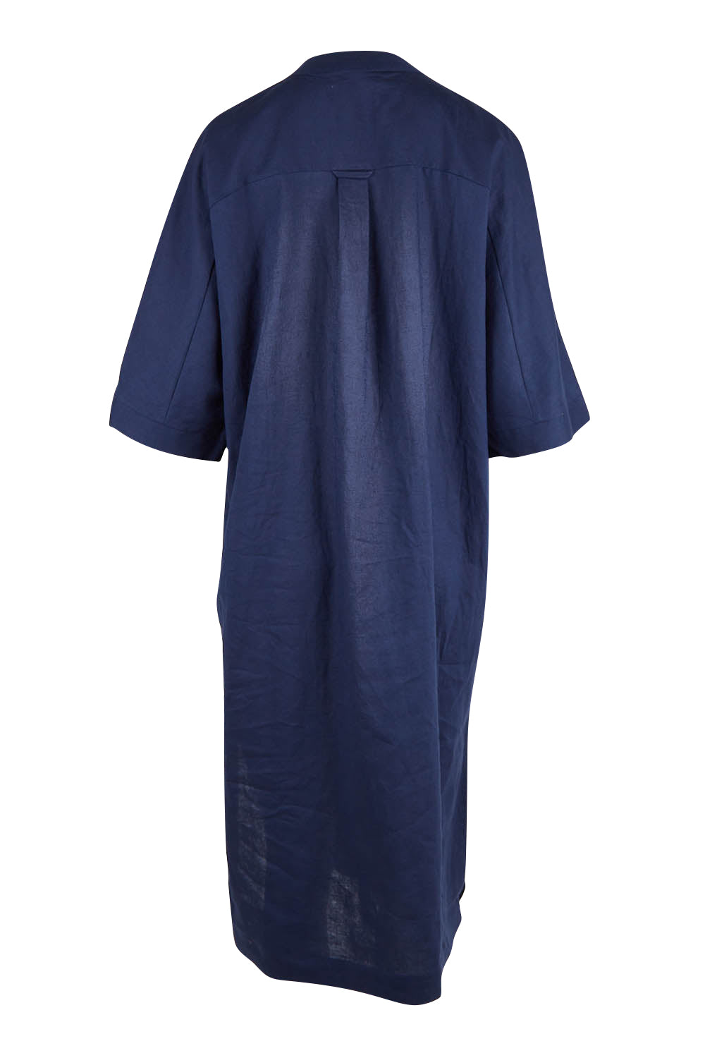 Product shot of the Linen Cotton Throw Dress in colour Navy (Blue), from the back
