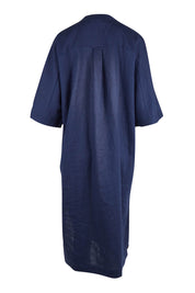 Product shot of the Linen Cotton Throw Dress in colour Navy (Blue), from the back