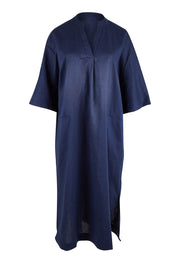 Product shot of the Linen Cotton Throw Dress in colour Navy (Blue), from the front