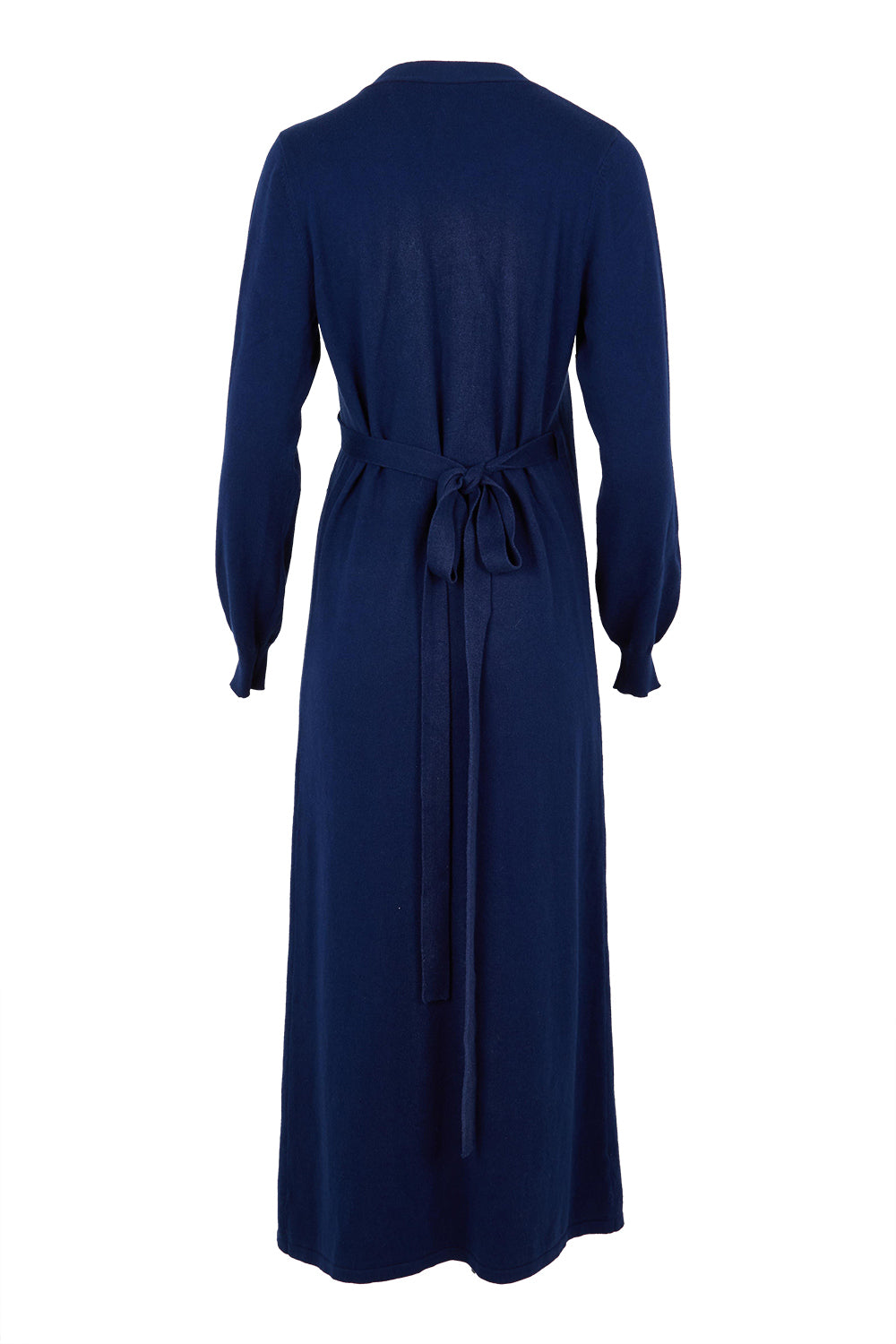 Product shot of the Cotton Cashmere Wrap Dress in colour Navy (Blue), from the back