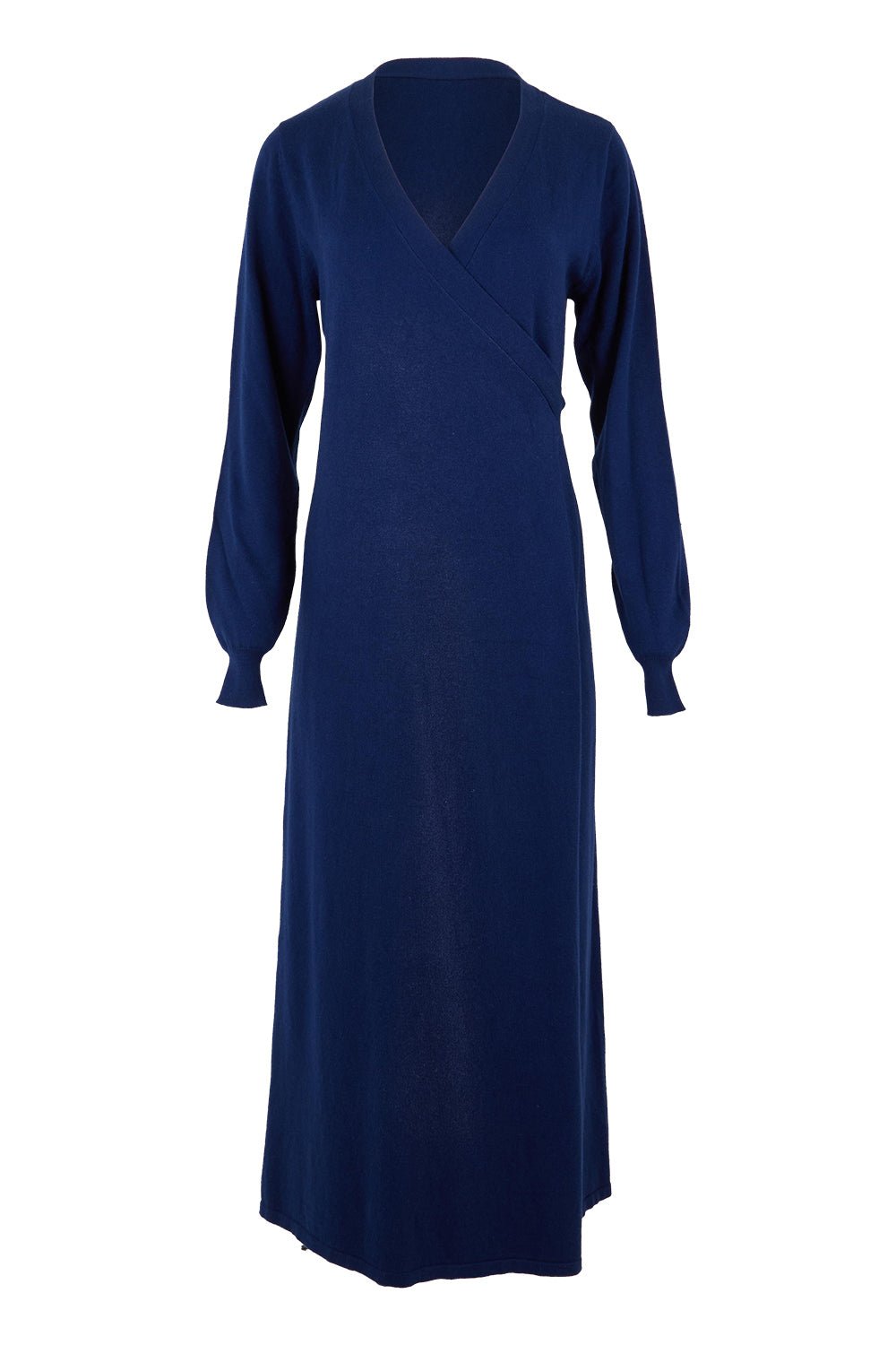 Product shot of the Cotton Cashmere Wrap Dress in colour Navy (Blue), from the front