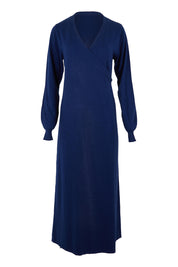 Product shot of the Cotton Cashmere Wrap Dress in colour Navy (Blue), from the front
