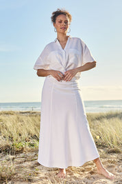 Model Lala wearing size 10 of the Linen Cotton Bias Maxi Skirt in colour White (White), from the front, showing the whole outfit