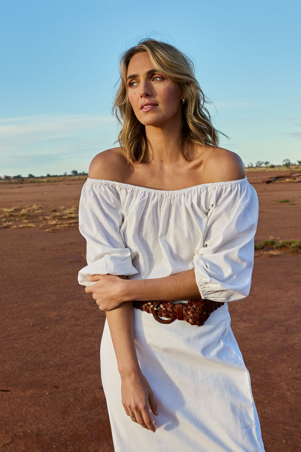 Model Tegan wearing size 10 of the Linen Cotton Gathered Neckline Blouse in colour White (White), from the front, showing the whole outfit