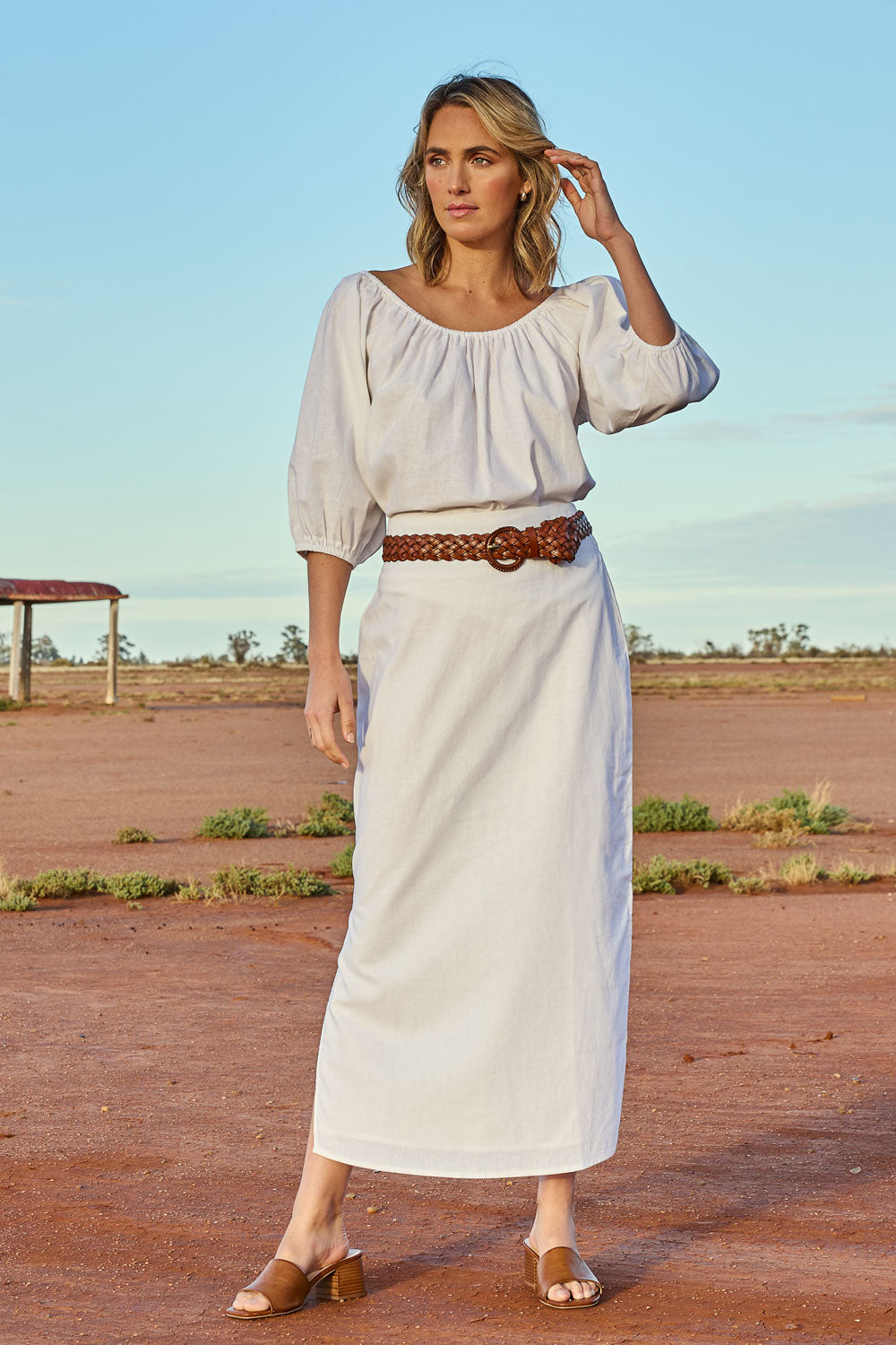 Model Tegan wearing size 10 of the Linen Cotton Gathered Neckline Blouse in colour White (White), from the front, showing the whole outfit
