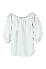 Product shot of the Linen Cotton Gathered Neckline Blouse in colour White (White), from the back