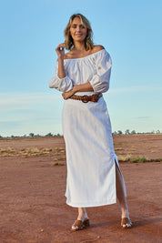 Model Tegan wearing size 10 of the Linen Cotton Straight Skirt in colour White (White), from the front, showing the whole outfit