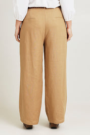 Model Jane wearing size 14 of the Linen Straight Leg Pant in colour Brownsugar, from the back
