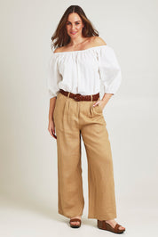 Model Jane wearing size 14 of the Linen Straight Leg Pant in colour Brownsugar, from the front, showing the whole outfit