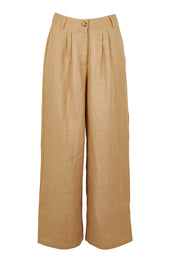 Product shot of the Linen Straight Leg Pant in colour Brownsugar, from the front