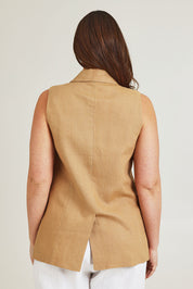 Model Jane wearing size 14 of the Linen Jacket Vest in colour Brownsugar, from the back