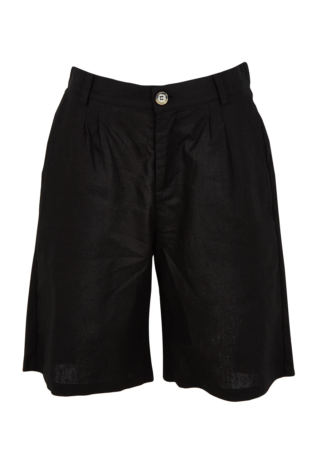 Product shot of the Linen Cotton Long Short in colour Black (Black), from the front
