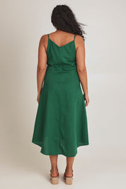 Model Terri-Leigh wearing size 14 of the Linen Cotton Summer Midi Dress in colour Fern (Green), from the back