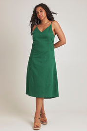Model Terri-Leigh wearing size 14 of the Linen Cotton Summer Midi Dress in colour Fern (Green), from the front, showing the whole outfit