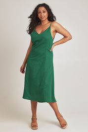 Model Terri-Leigh wearing size 14 of the Linen Cotton Summer Midi Dress in colour Fern (Green), from the front, showing the whole outfit