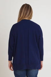 Model Chanel wearing size XL of the Cotton Cashmere V Neck Sweater in colour Navy (Blue), from the back
