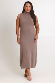 Model Ashleigh wearing size XL of the Cotton Cashmere Sleeveless Layering Dress in colour Natural, from the front, showing the whole outfit