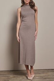 Model Madeline wearing size S of the Cotton Cashmere Sleeveless Layering Dress in colour Natural, from the front, cropped image