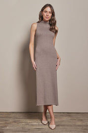 Model Madeline wearing size S of the Cotton Cashmere Sleeveless Layering Dress in colour Natural, from the front, showing the whole outfit