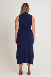 Model Chanel wearing size XL of the Cotton Cashmere Sleeveless Layering Dress in colour Navy (Blue), from the back