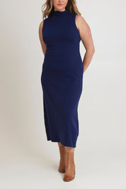 Model Chanel wearing size XL of the Cotton Cashmere Sleeveless Layering Dress in colour Navy (Blue), from the front, cropped image
