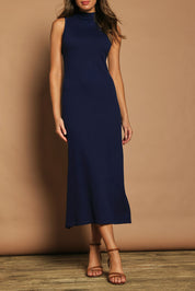 Model Madeline wearing size S of the Cotton Cashmere Sleeveless Layering Dress in colour Navy (Blue), from the front, cropped image