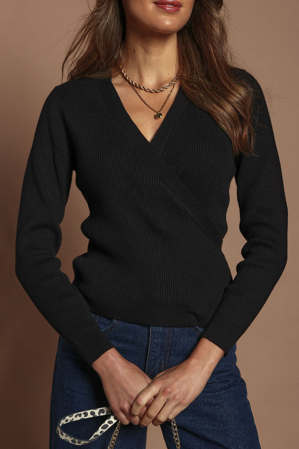 Preloved Cotton Cashmere Ribbed Wrap Top - Black