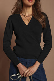 Preloved Cotton Cashmere Ribbed Wrap Top - Black