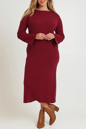 Model Chanel wearing size XL of the Cotton Cashmere Boat Neck Dress in colour Berry (Red), from the front, cropped image