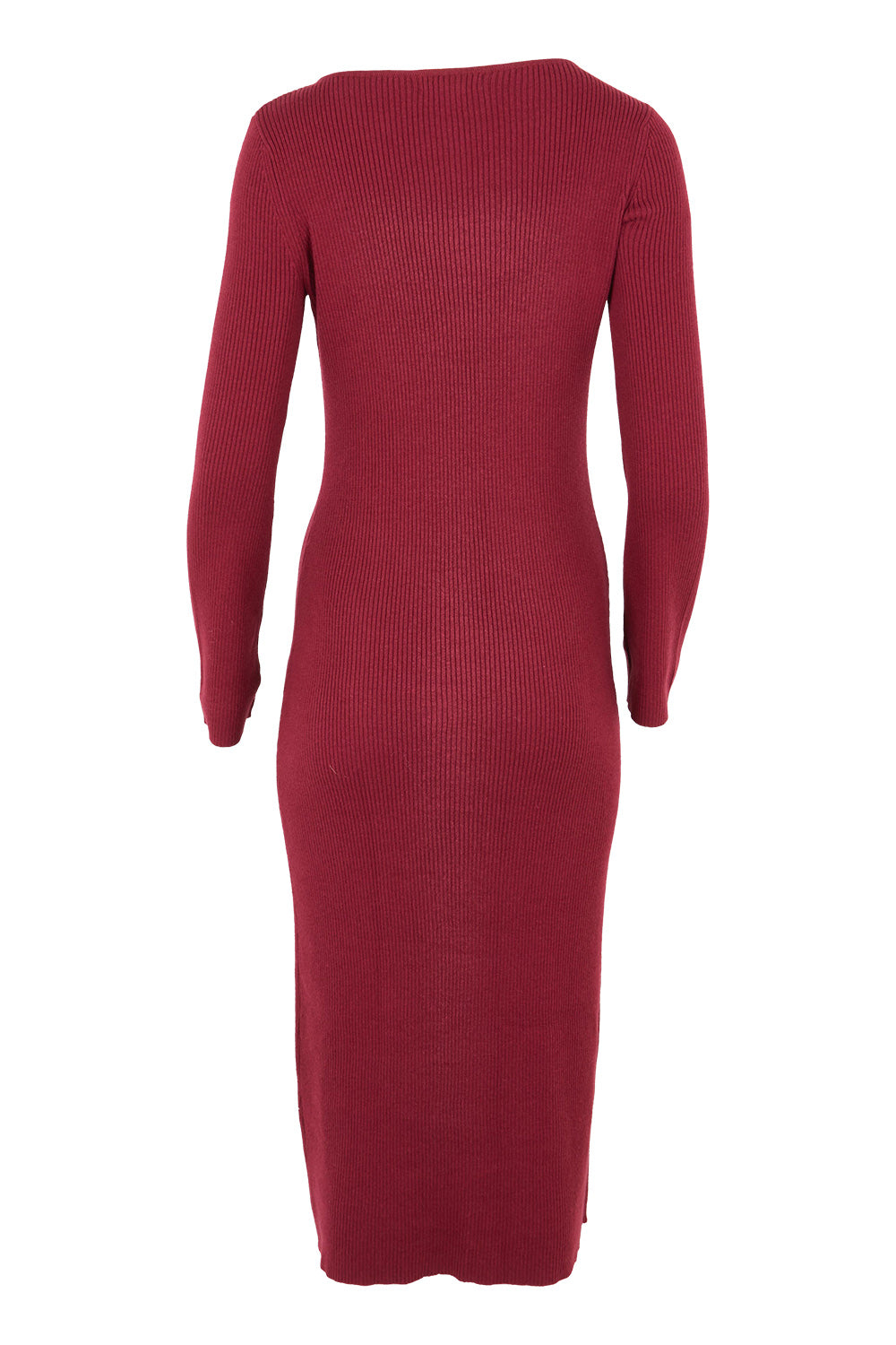 Product shot of the Cotton Cashmere Boat Neck Dress in colour Berry (Red), from the back