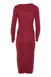 Product shot of the Cotton Cashmere Boat Neck Dress in colour Berry (Red), from the back