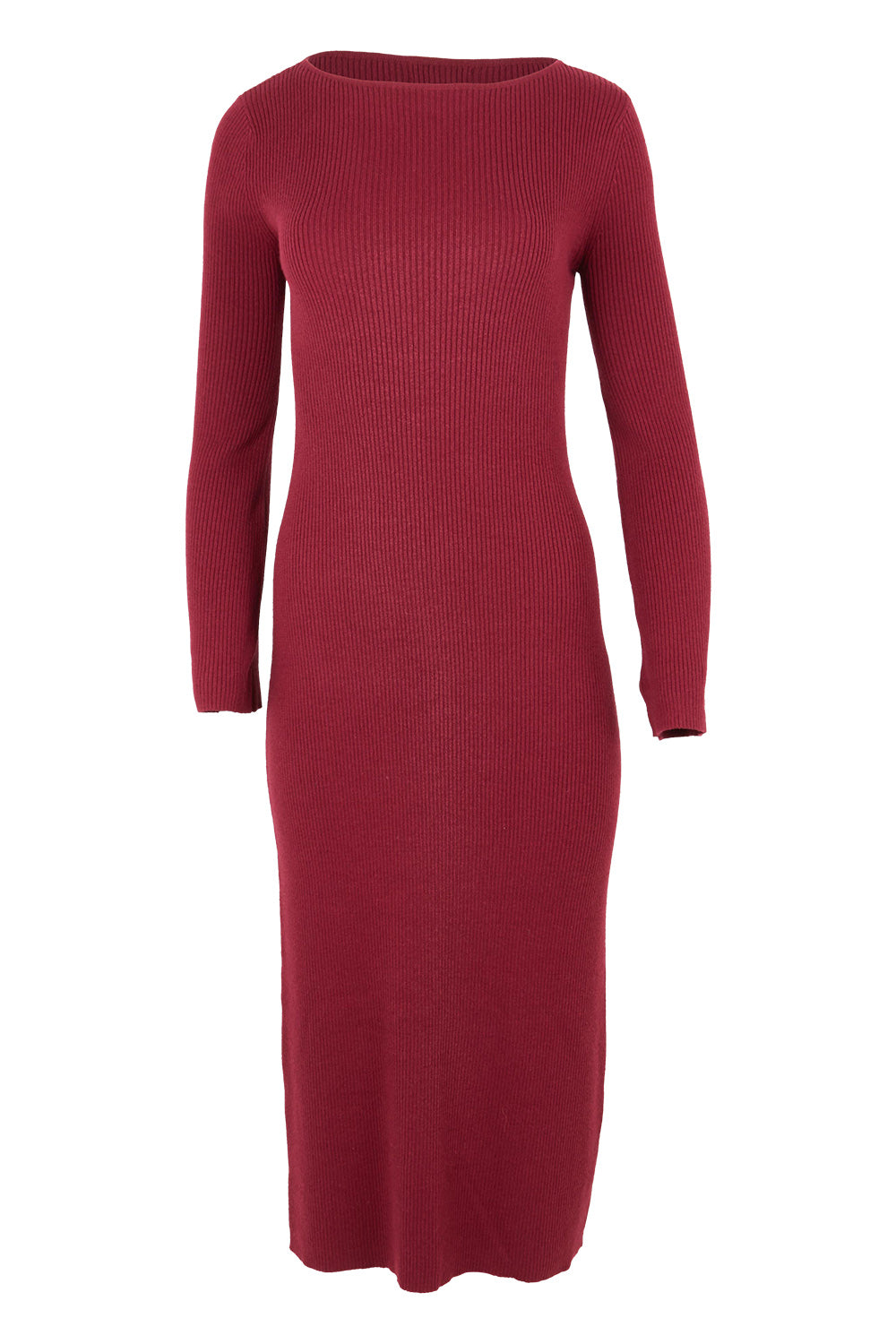 Product shot of the Cotton Cashmere Boat Neck Dress in colour Berry (Red), from the front