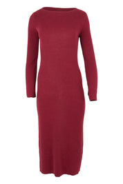 Product shot of the Cotton Cashmere Boat Neck Dress in colour Berry (Red), from the front