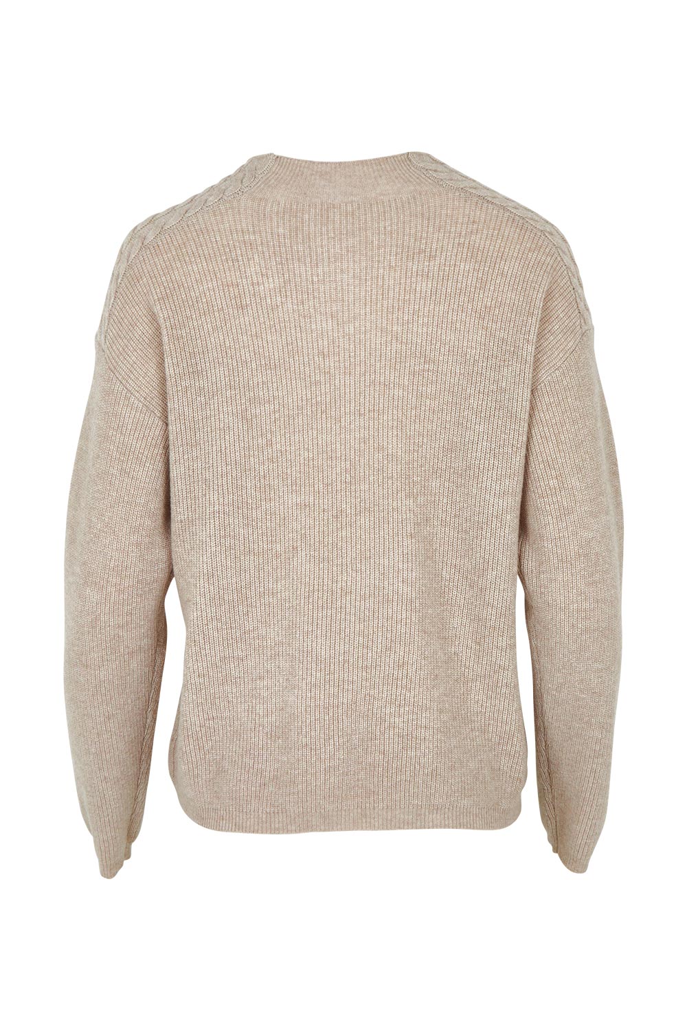 Product shot of the Wool Cashmere Shoulder Cable Knit Sweater in colour Fawn, from the back